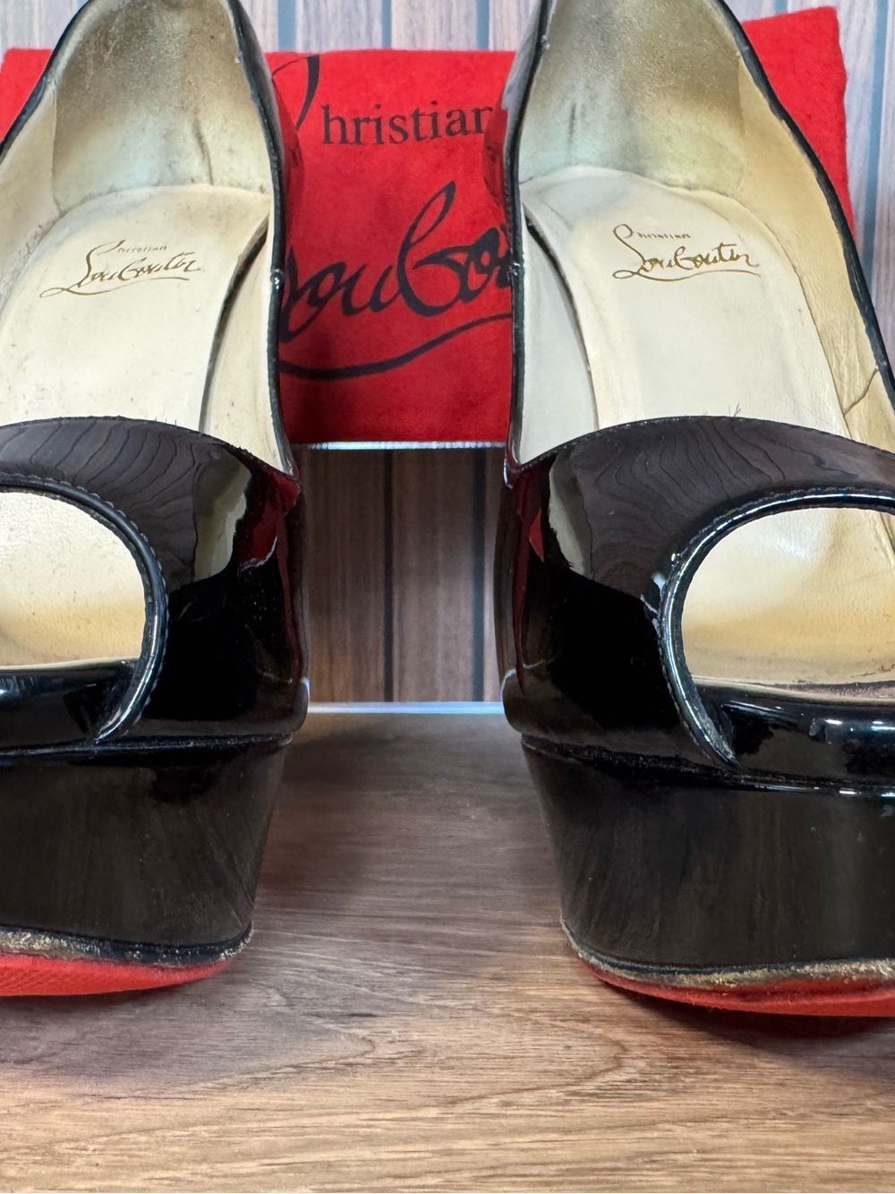 Christian Louboutin Black Patent Peep-Toe Red Bottom Platform Pumps, Size 36